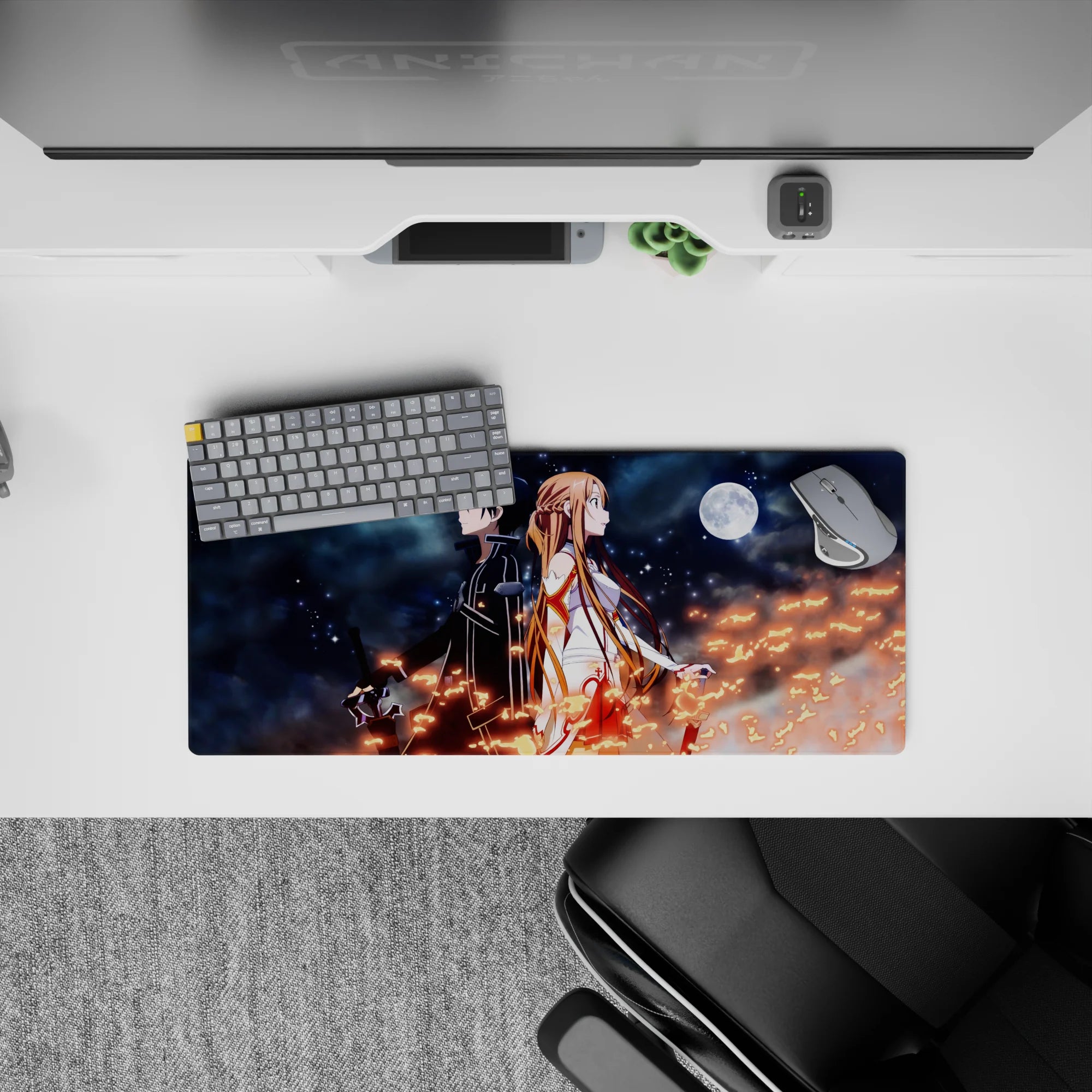 Anime mouse pad 28x12 inches featuring Kirito and Asuna from Sword Art Online with a night sky, stars, and fiery sparks.