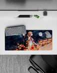 Anime mouse pad 28x12 inches featuring Kirito and Asuna from Sword Art Online with a night sky, stars, and fiery sparks.