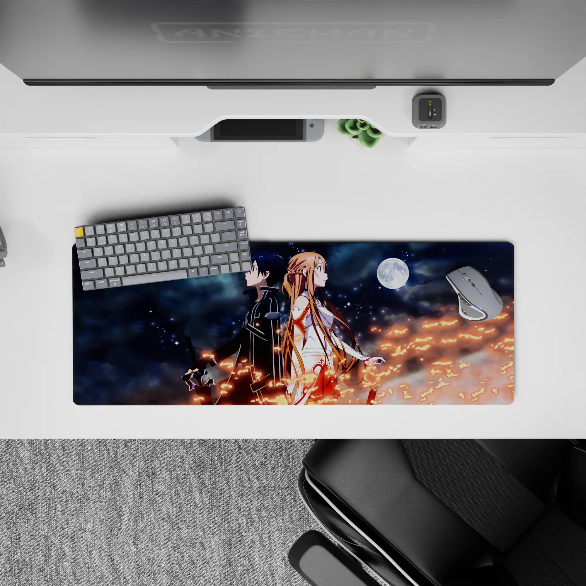 Mouse pad 32x12 inches featuring Kirito and Asuna from Sword Art Online under a night sky with stars and fiery sparks.