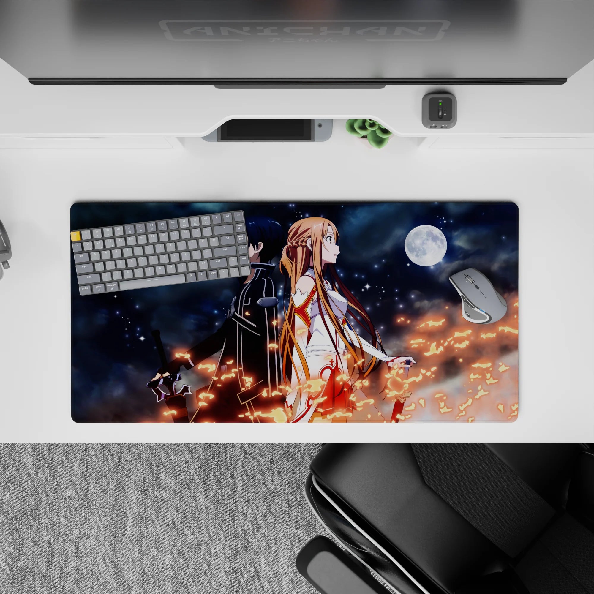 Mouse pad 32x16 inches featuring Kirito and Asuna from Sword Art Online, night sky backdrop with stars and fiery sparks.