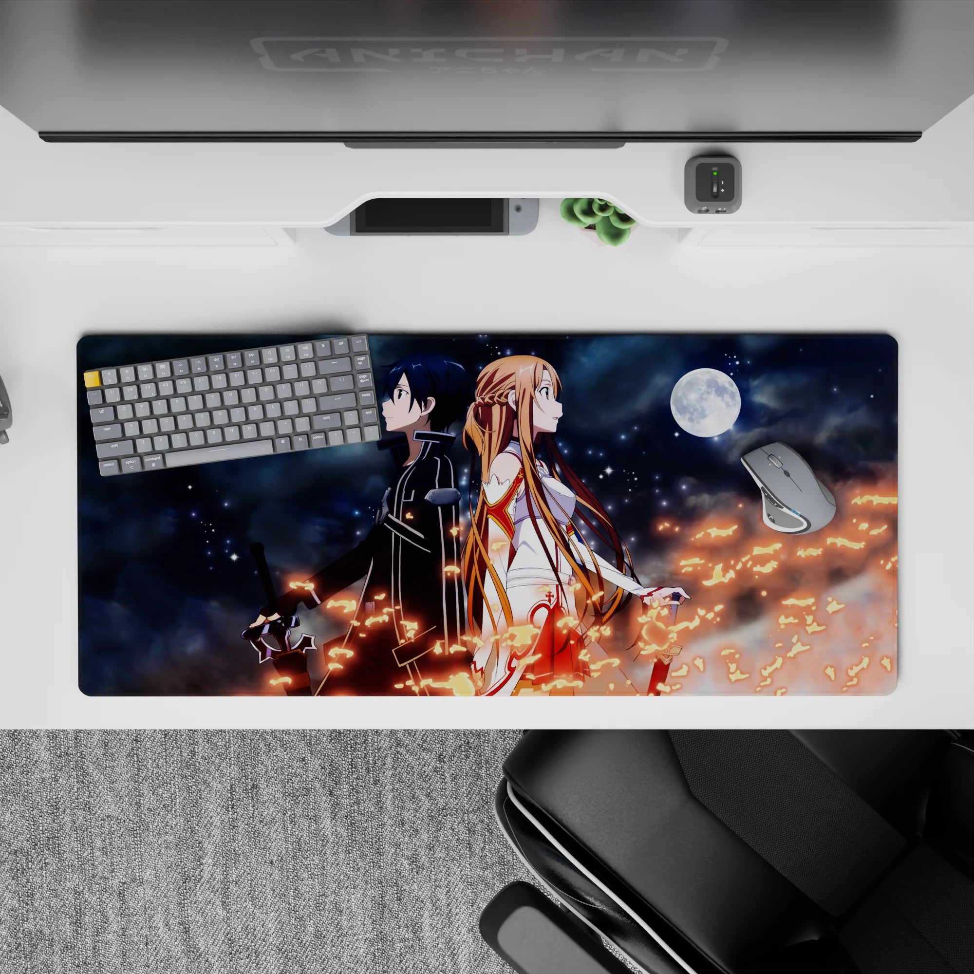 Anime mouse pad 36x16 inches with Kirito and Asuna back to back under a starry sky, navy blues blending with flame-orange.