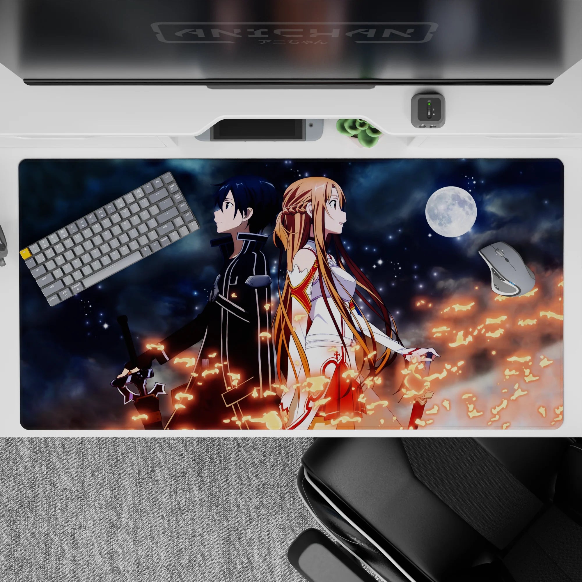 Anime desk pad featuring Kirito and Asuna from Sword Art Online, 40x20 inches, with a night sky and glowing stars.
