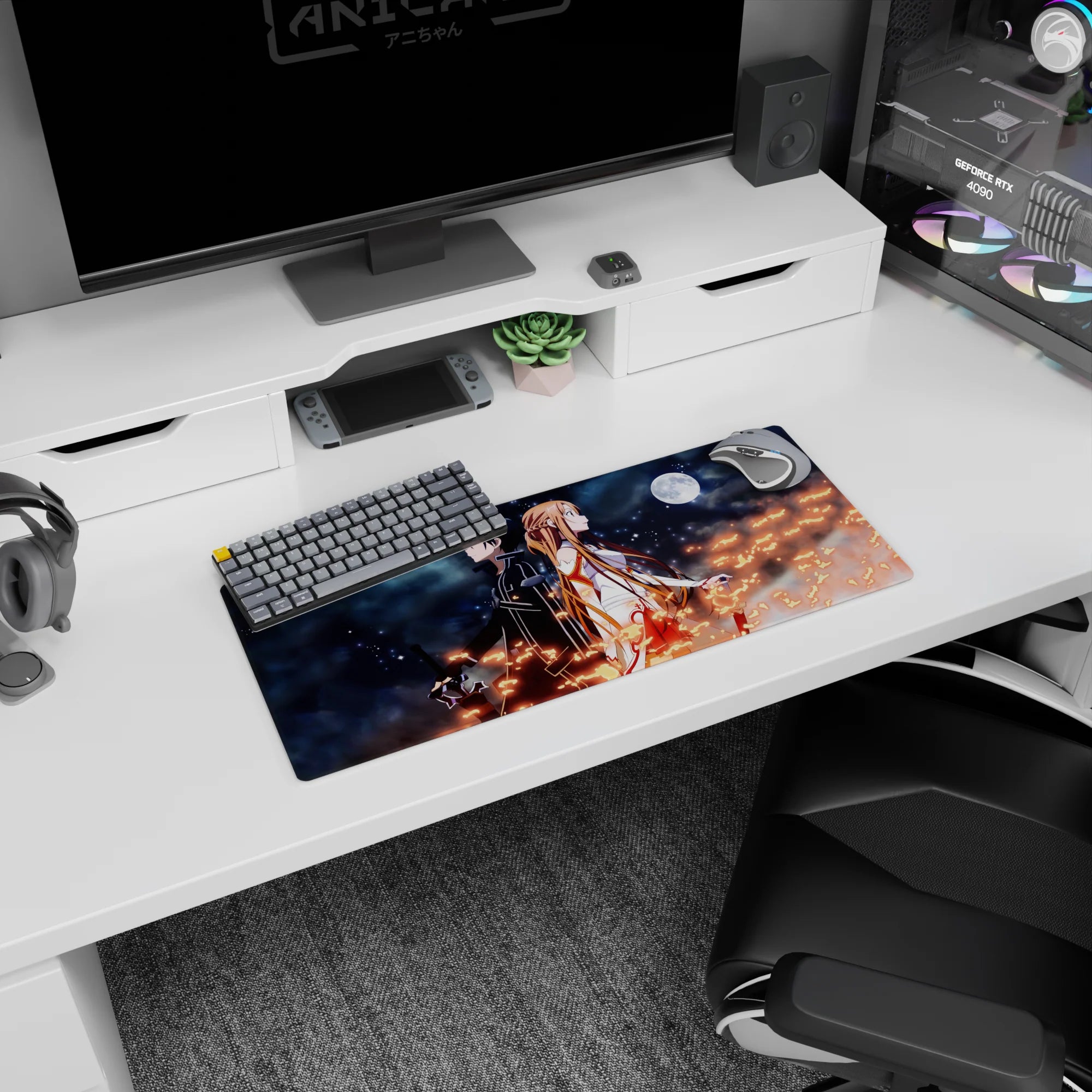 Anime mouse pad 28x12 inches featuring Kirito and Asuna from Sword Art Online with night sky, stars, and fiery sparks.