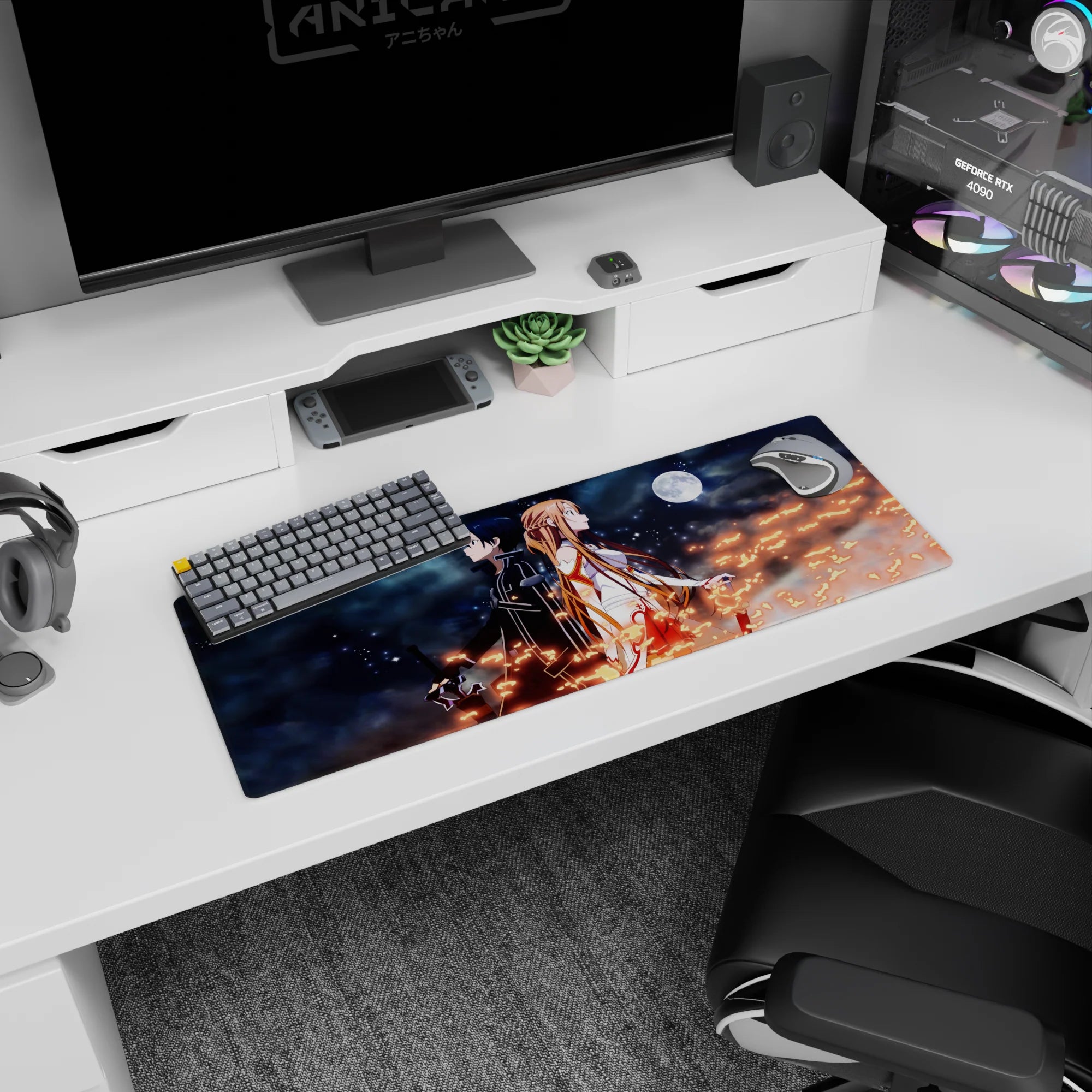 32x12 inches anime mouse pad featuring Kirito and Asuna from Sword Art Online, with a night sky and glowing stars.