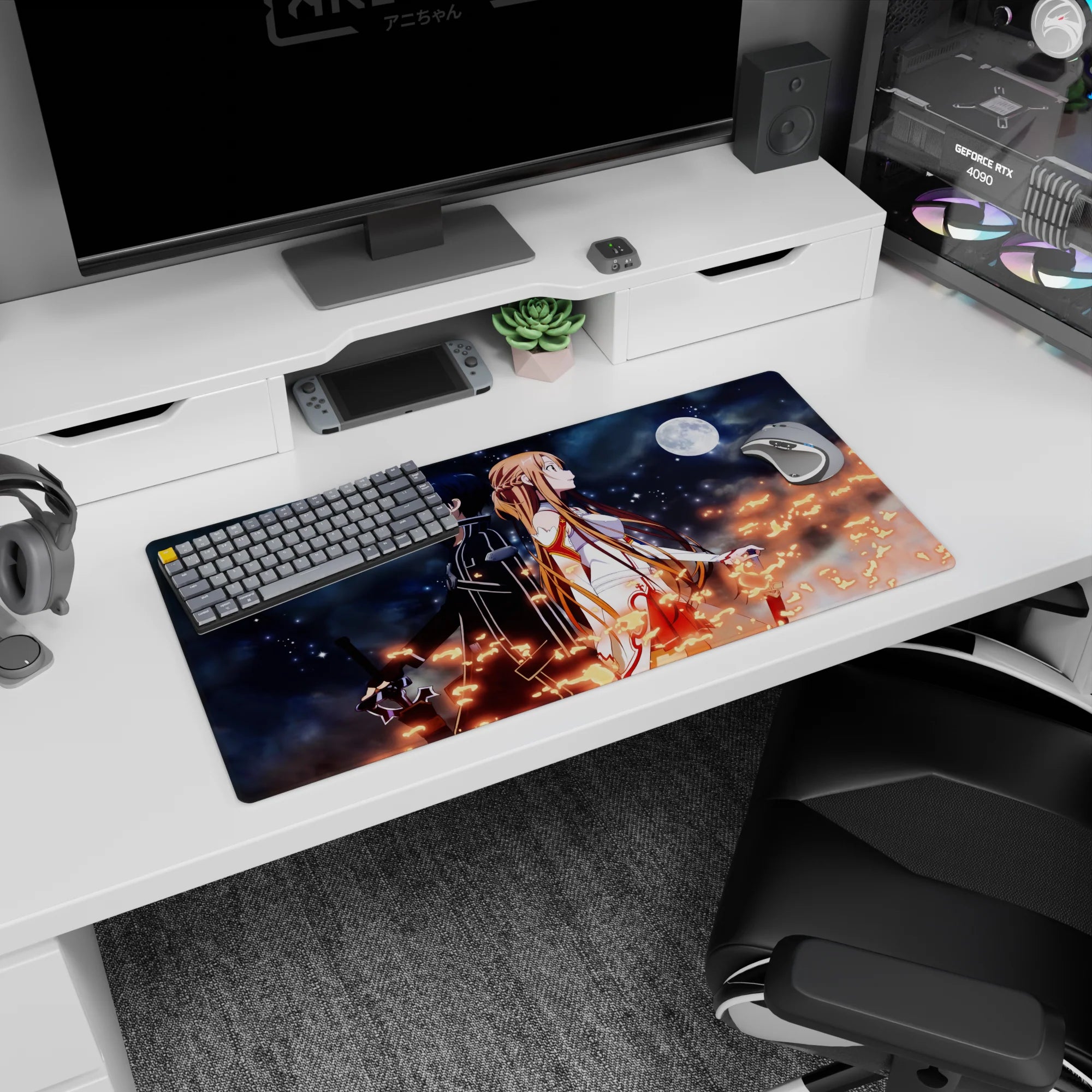 Mouse pad 32x16 inches featuring Kirito and Asuna from Sword Art Online, with a night sky and fiery sparks theme.