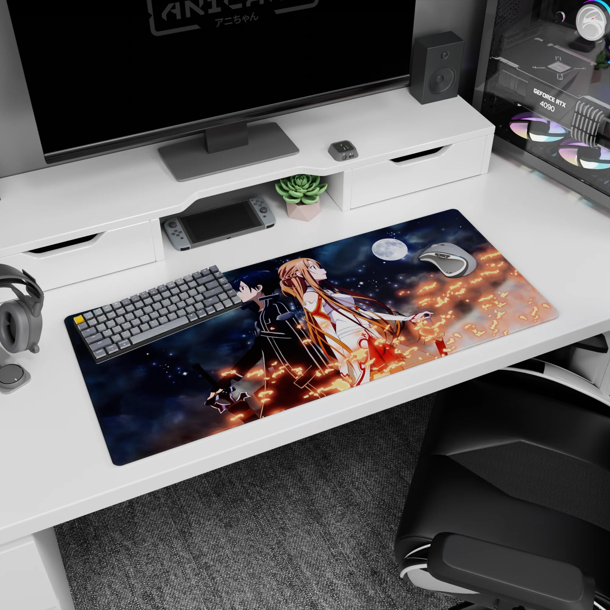 Anime mouse pad featuring Kirito and Asuna from Sword Art Online, 36x16 inches, with night sky and fiery sparks.