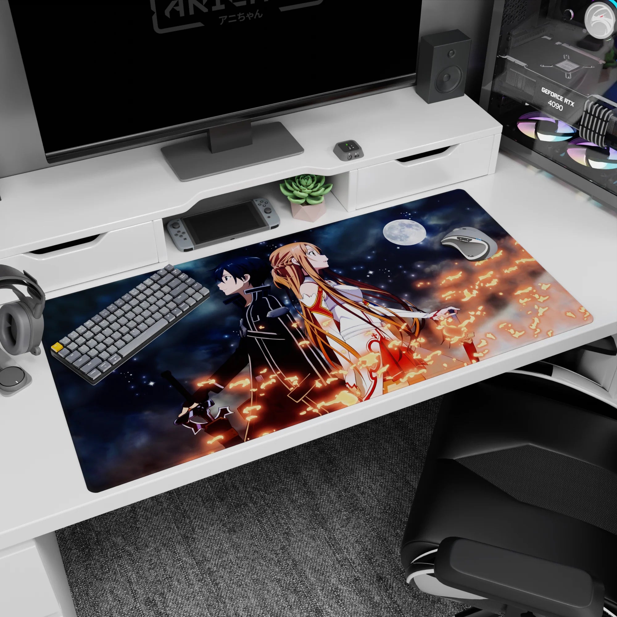Desk pad 40x20 inches featuring Kirito and Asuna from Sword Art Online under a night sky with stars and fiery sparks.