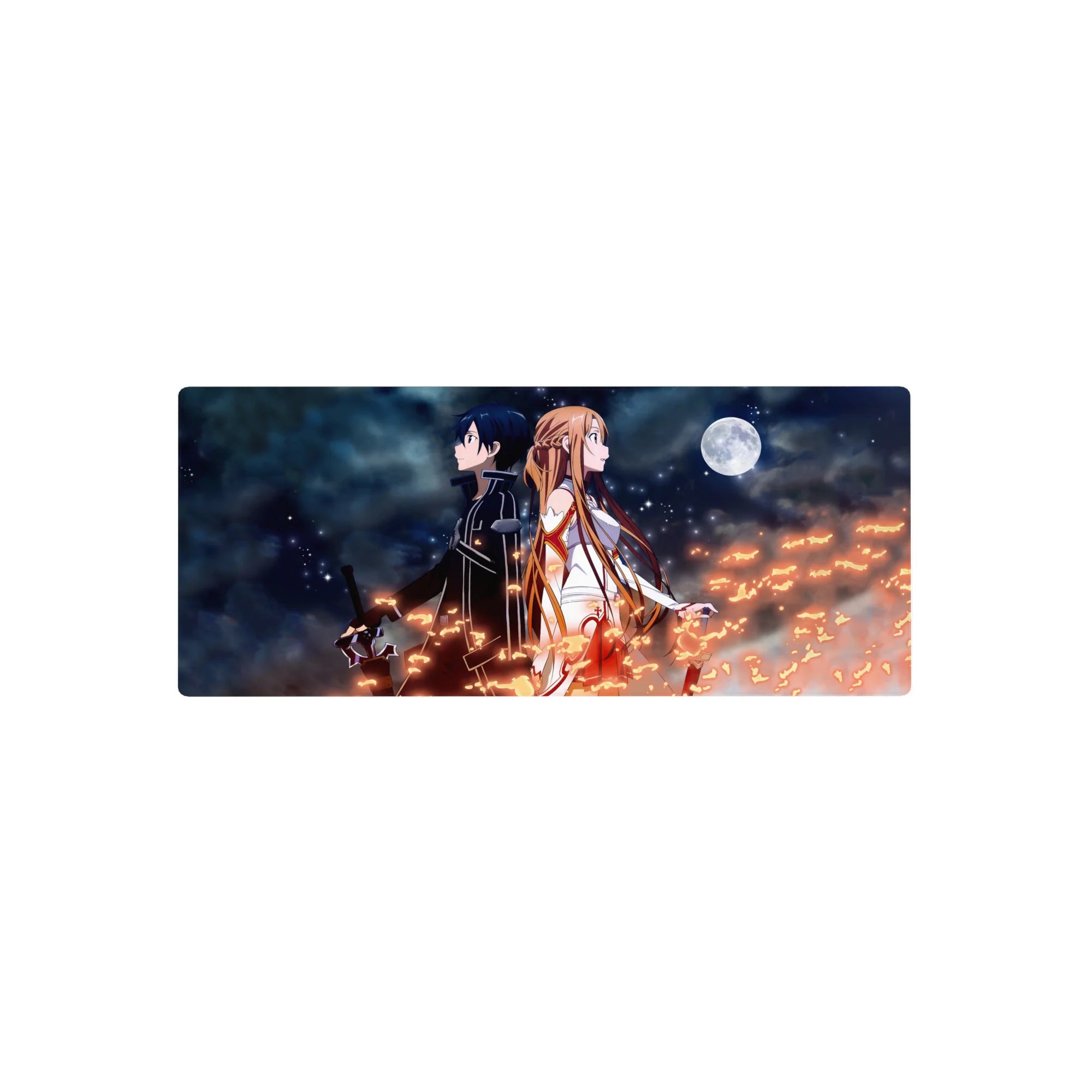 Anime mouse pad 28x12 inches featuring Kirito and Asuna from Sword Art Online, with a night sky and glowing stars.