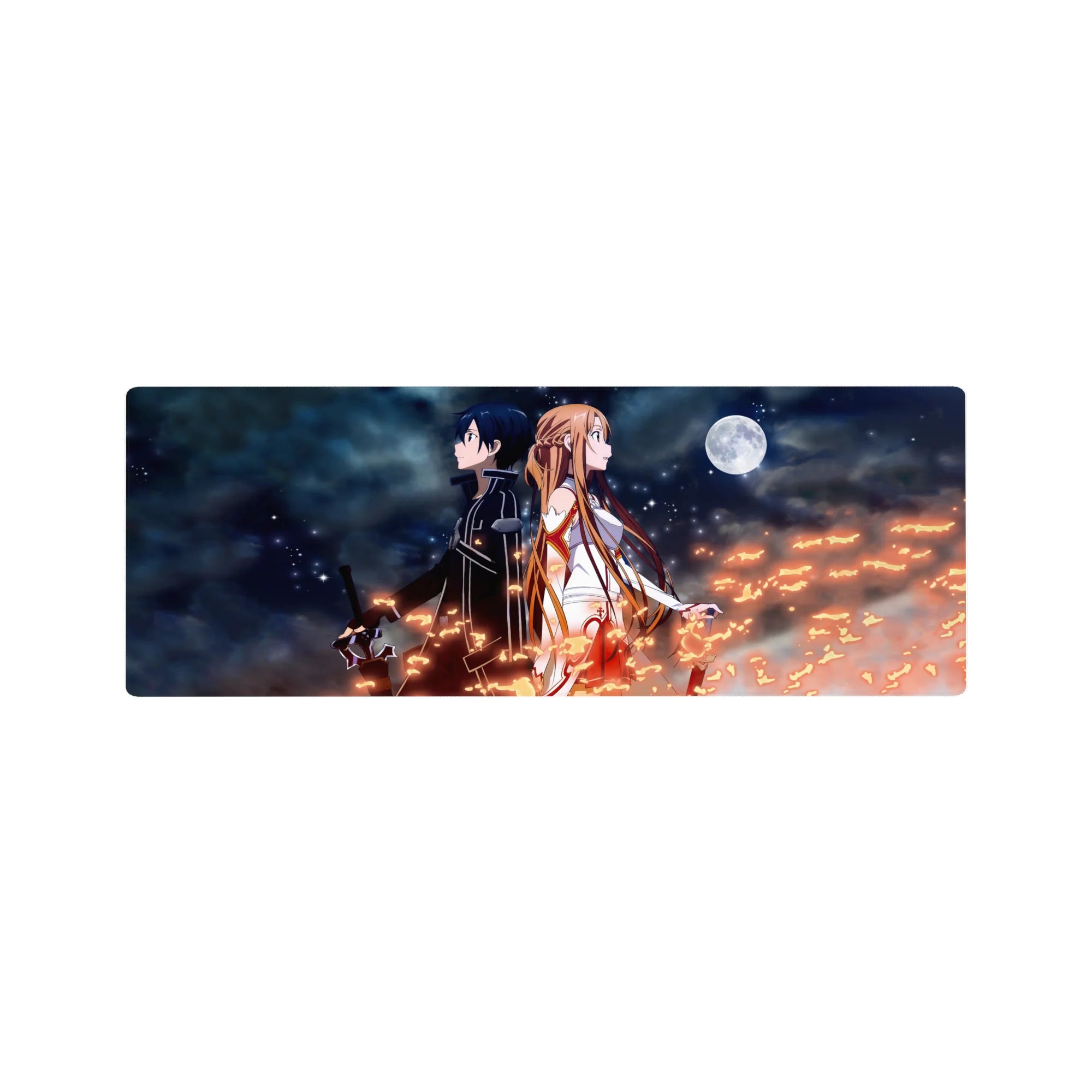 Anime mouse pad 32x12 inches featuring Kirito and Asuna, surrounded by a night sky, stars, and sparks, in a striking design.