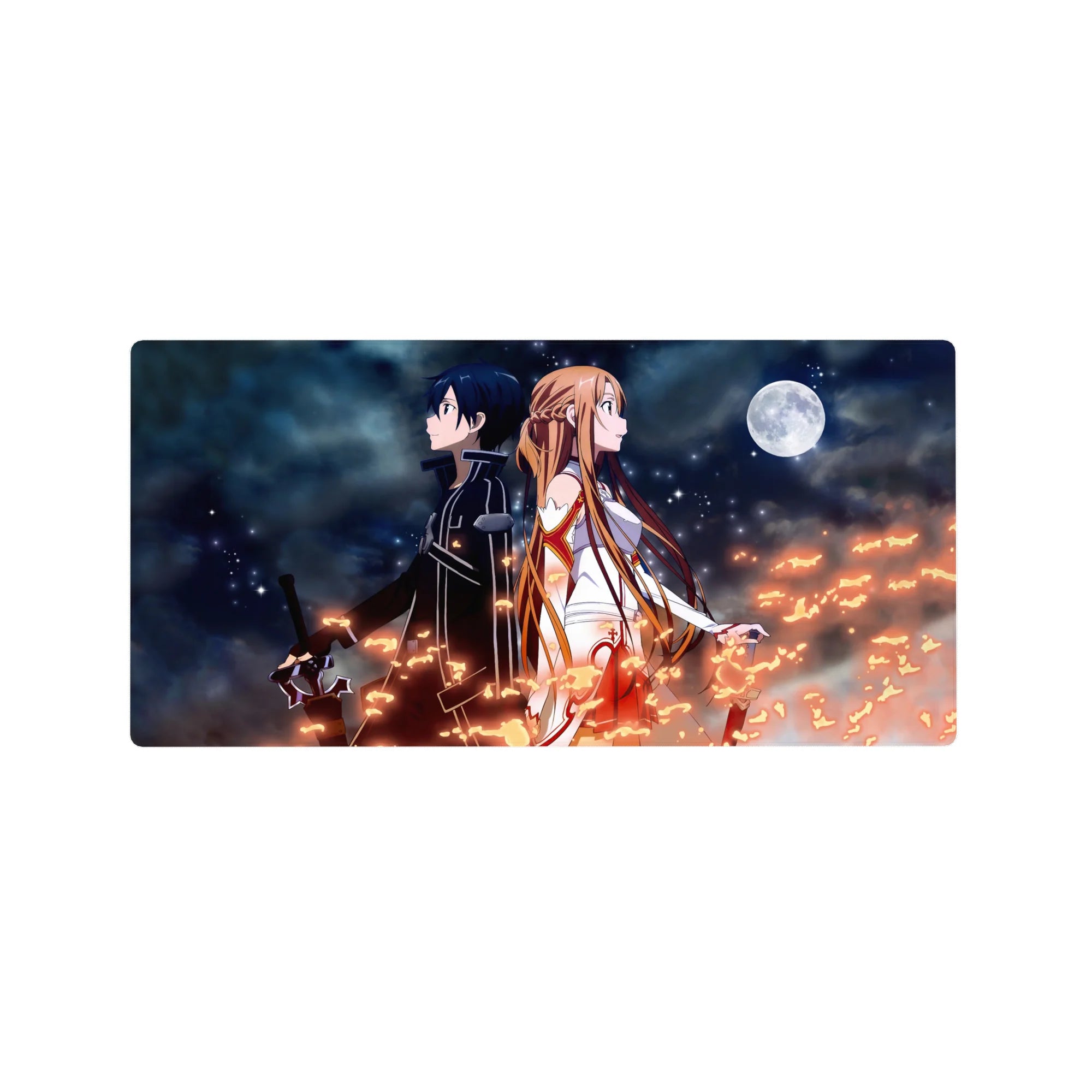 Anime mouse pad 32x16 inches featuring Kirito and Asuna against a starry, fiery backdrop, with a full moon overhead.