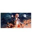 Anime mouse pad 32x16 inches featuring Kirito and Asuna against a starry, fiery backdrop, with a full moon overhead.