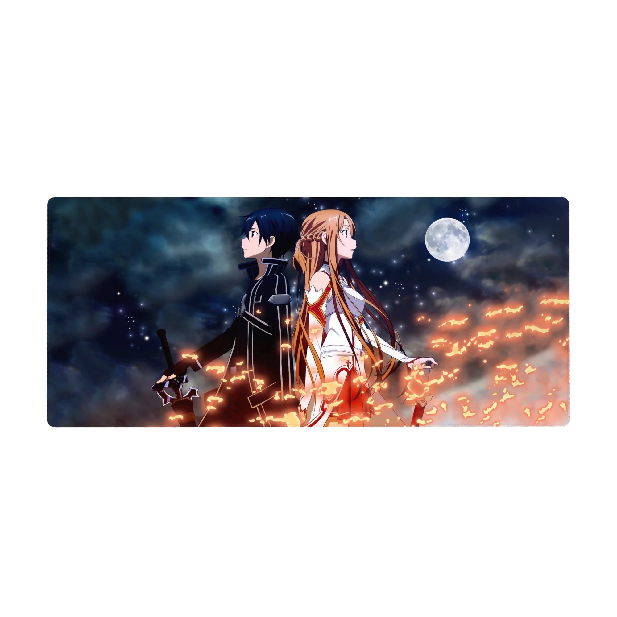 Anime desk pad 36x16 inches featuring Kirito and Asuna from Sword Art Online, surrounded by stars and fiery sparks.