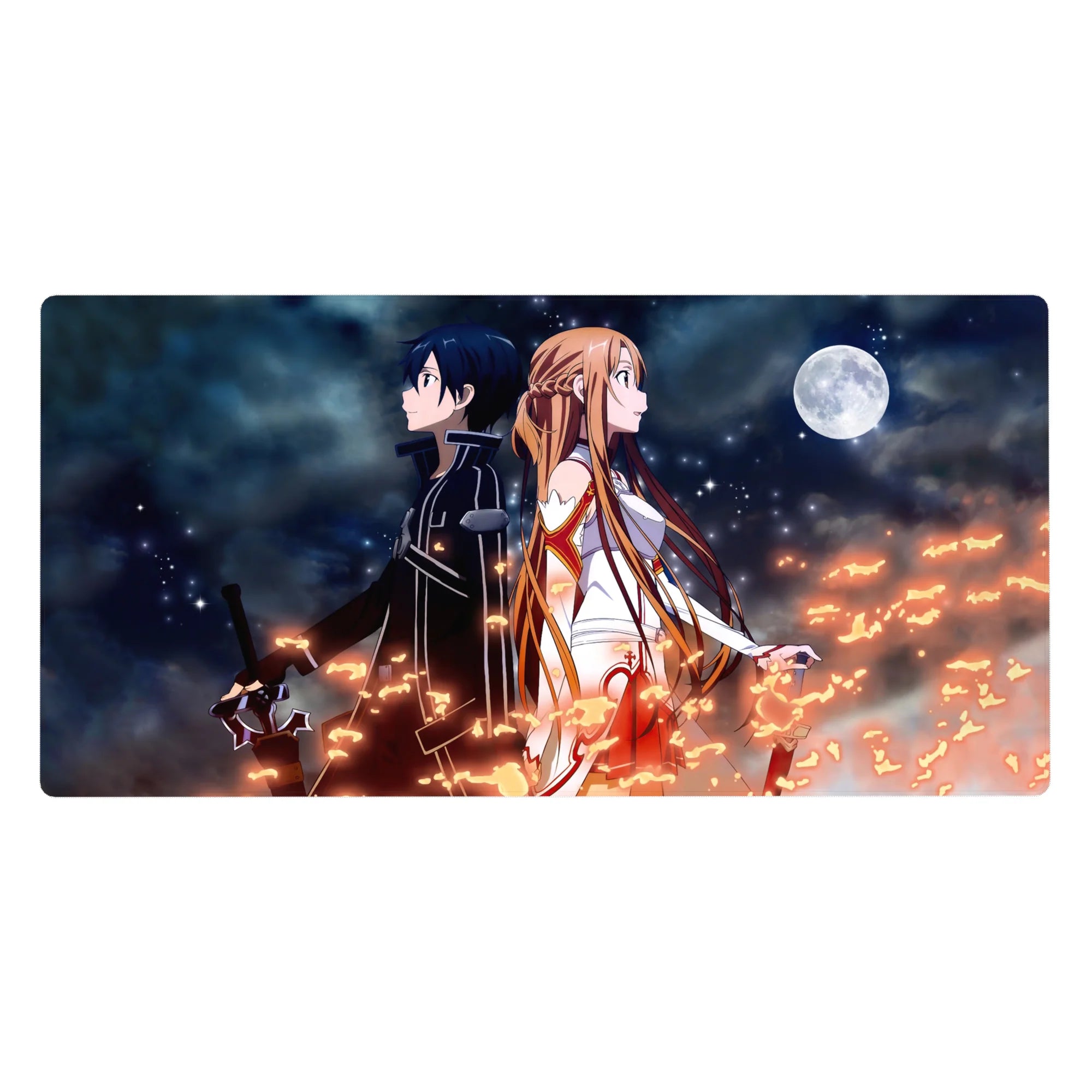 Anime mouse pad featuring Kirito and Asuna from Sword Art Online, 40x20 inches, with night sky and fiery sparks design.