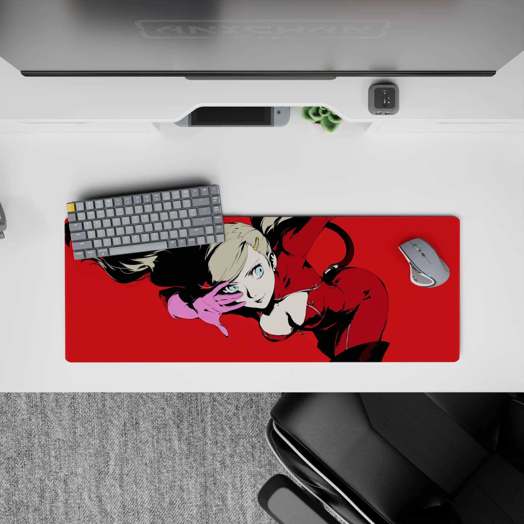 Ann Takamaki from Persona 5 in red suit on 32x12 inch anime mouse pad, exuding confidence with laser-sharp eyes.