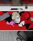 Ann Takamaki anime desk pad 40x20 inches, featuring Persona 5's Panther in a red suit with pink gloves on a bold red background.