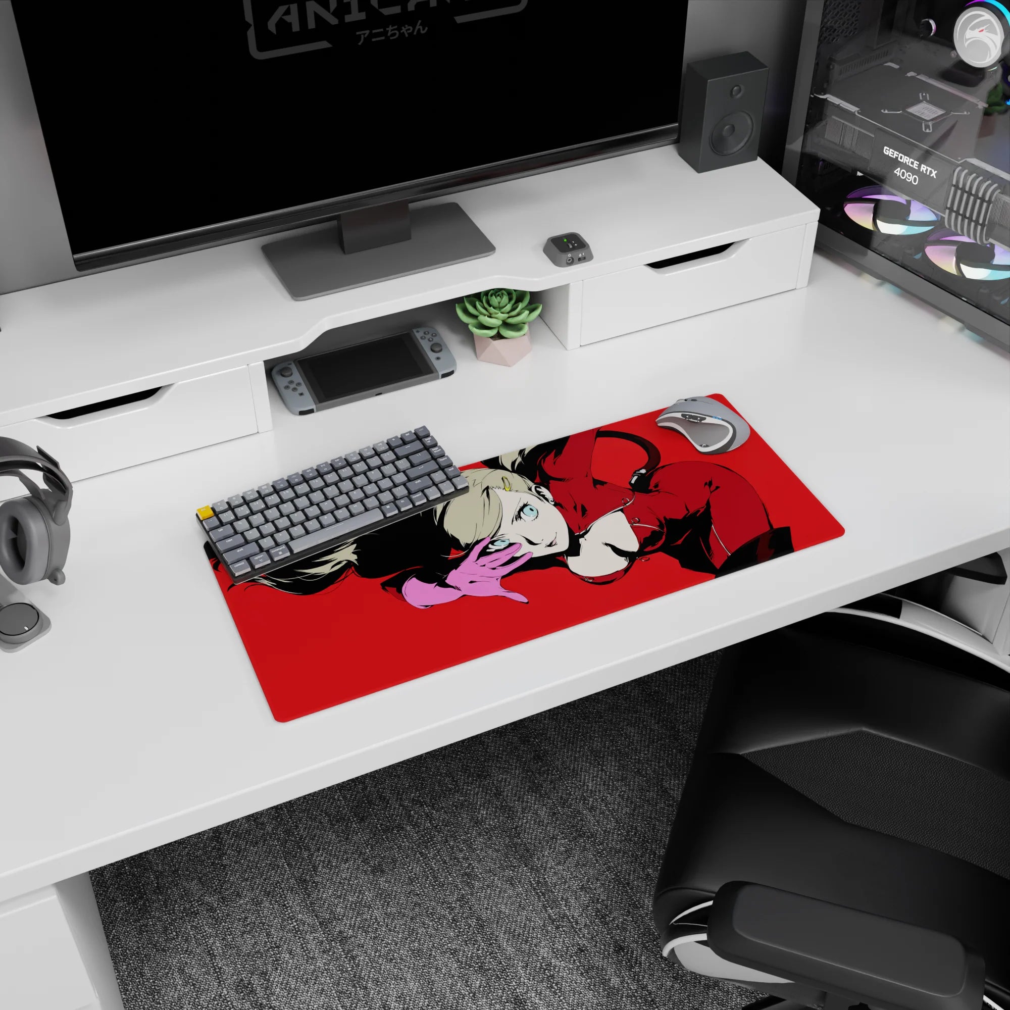 Ann Takamaki Persona 5 anime mouse pad, 28x12 inches, features her iconic red suit and confident pose on a bold red background.