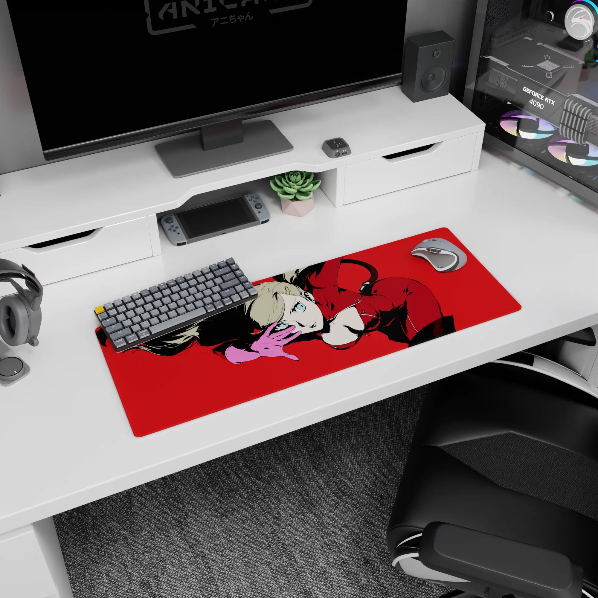 Ann Takamaki from Persona 5 on 32x12 inch mouse pad, featuring her iconic red suit and confident pose with bold red background.