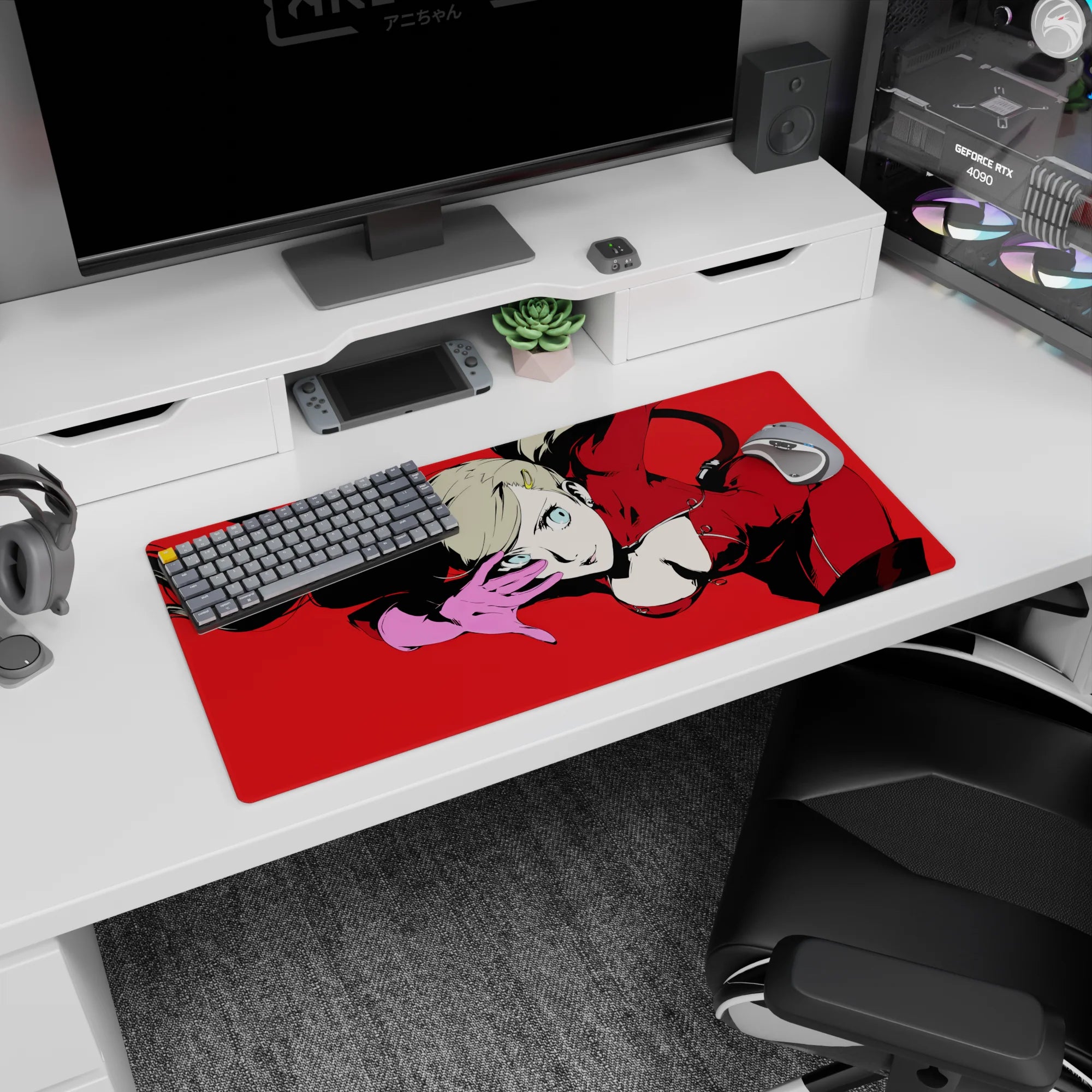 Ann Takamaki anime mouse pad, 32x16 inches, featuring her in a red suit and pink gloves with a striking pose.