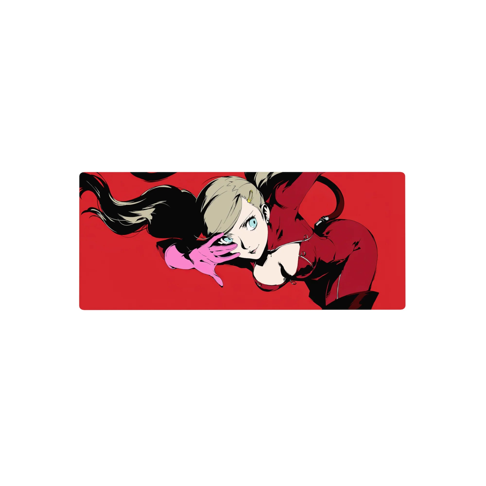 Ann Takamaki anime mouse pad, 28x12 inches, featuring her in a striking red suit and pink gloves, exuding Panther&#39;s fierce energy.