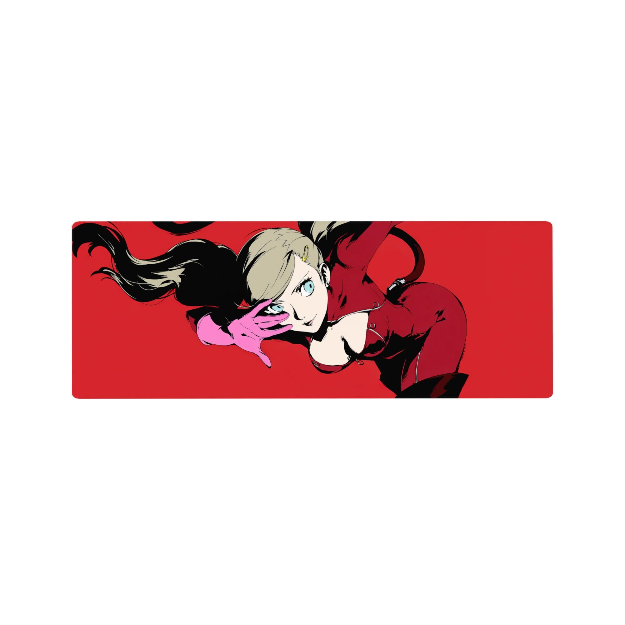 Ann Takamaki anime mouse pad, 32x12 inches, featuring Panther&#39;s iconic red suit and confident pose against bold red background.