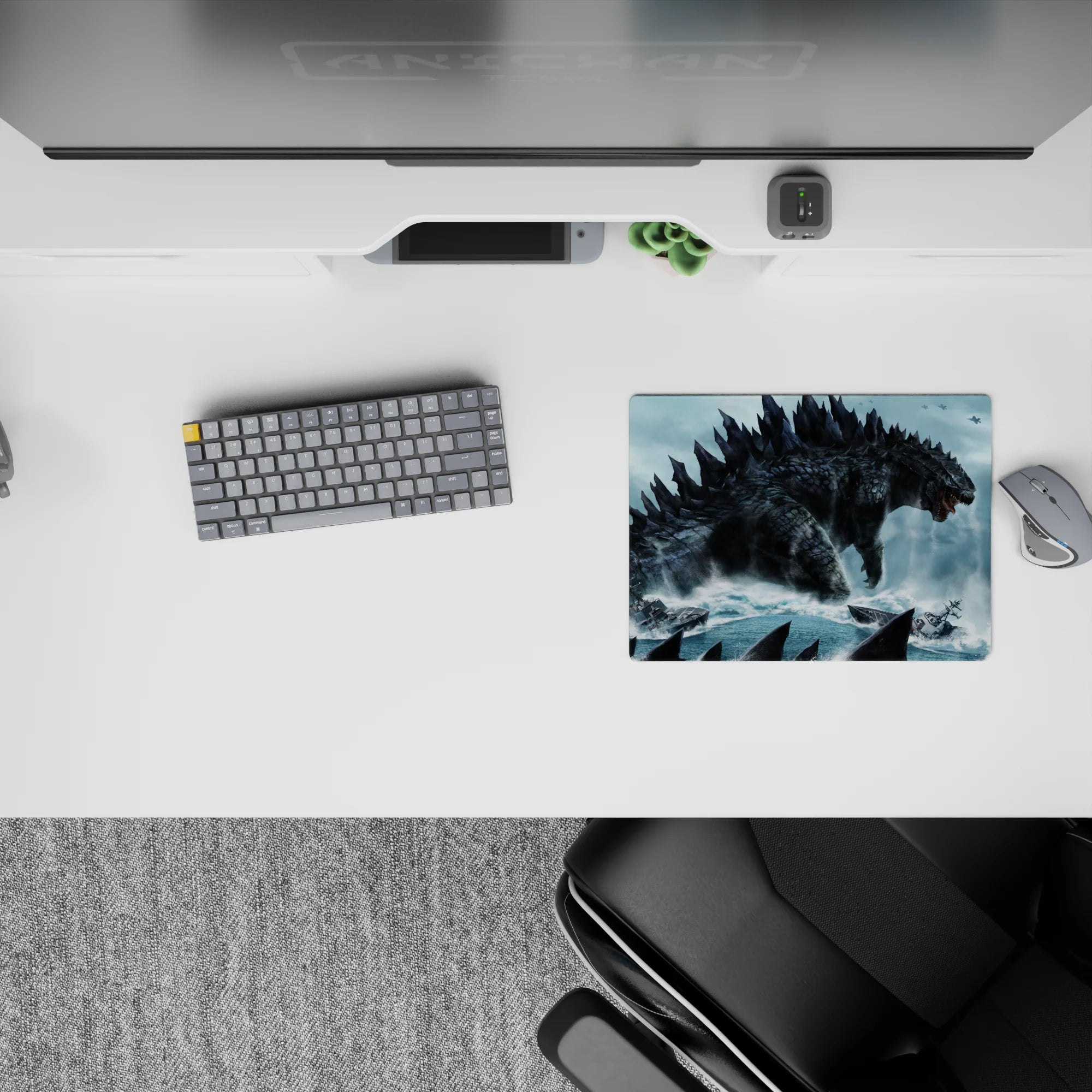 14x10 inches classic anime mouse pad in teal and gray tones, gritty texture, cinematic dread ocean scene.