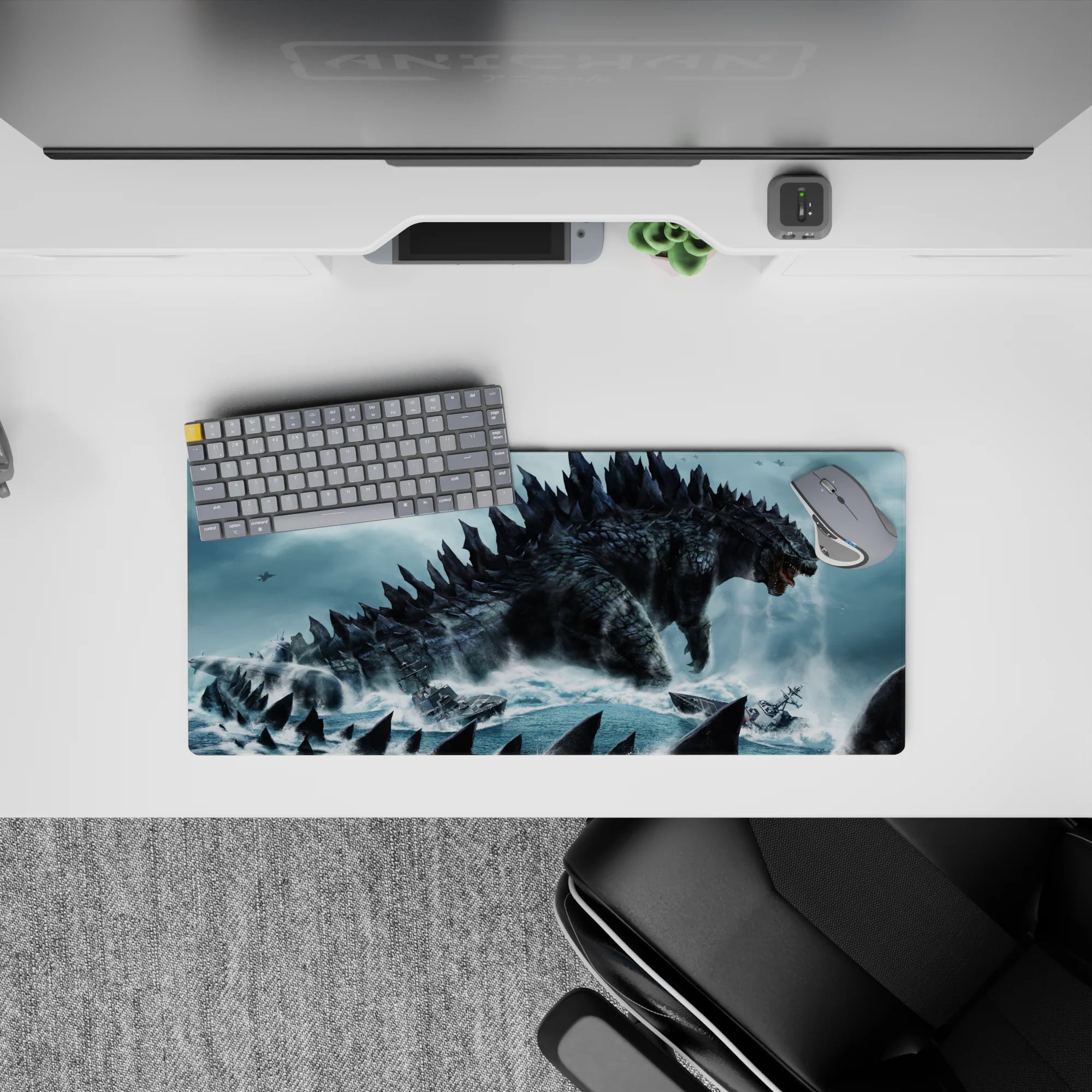 28x12 inches anime mouse pad in stormy teal and cold gray tones, gritty texture and cinematic dread.