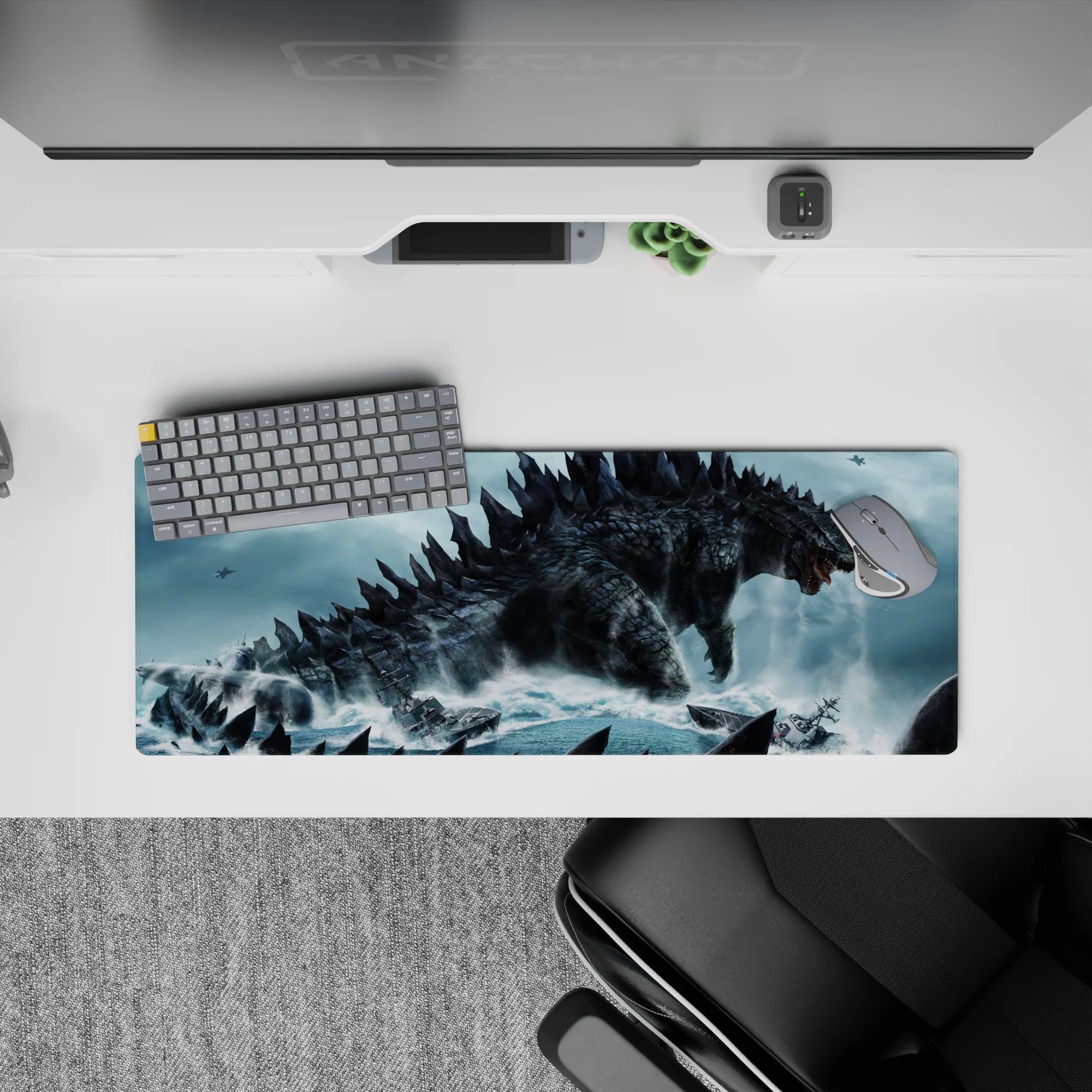 32x12 inches anime mouse pad in stormy teal and cold gray tones, gritty foam spray and dread mood.
