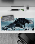 32x12 inches anime mouse pad in stormy teal and cold gray tones, gritty foam spray and dread mood.