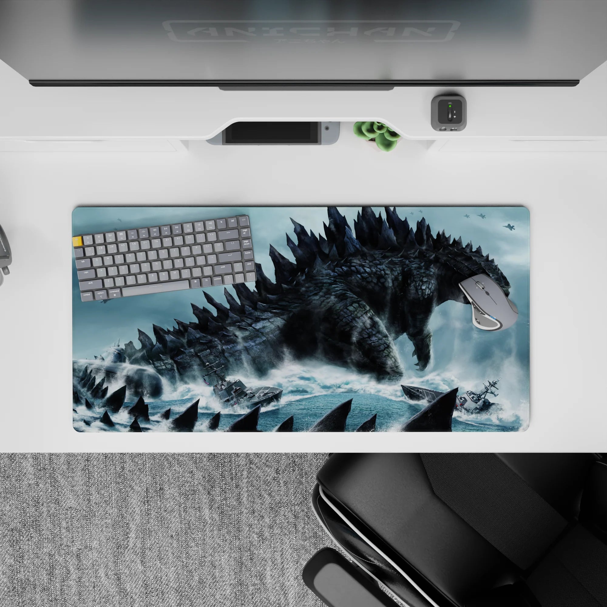 32x16 inches anime mouse pad in teal and gray storm tones with gritty texture and ominous dread.