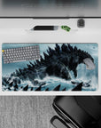 32x16 inches anime mouse pad in teal and gray storm tones with gritty texture and ominous dread.