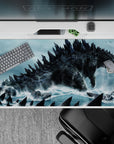 40x20 inches anime desk pad in teal and gray with gritty charcoal scales, foam spray, cinematic dread.