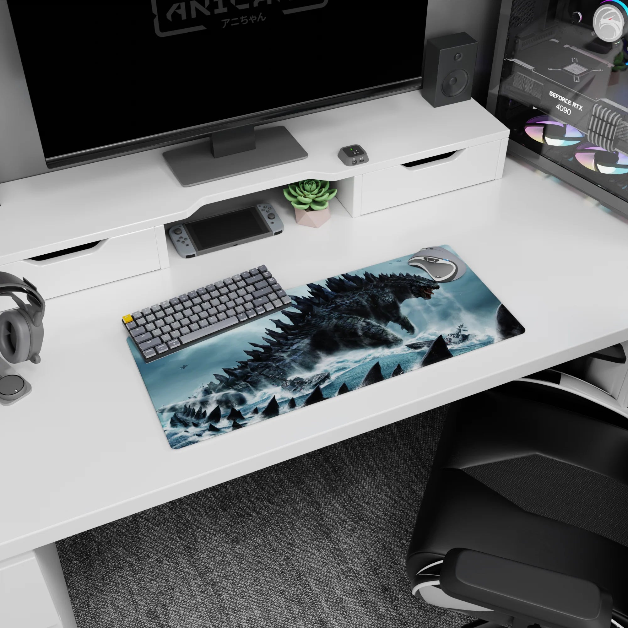 28x12 inches anime mouse pad with charcoal-scaled kaiju, jagged spines, roaring maw above scattered ships.