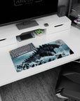 28x12 inches anime mouse pad with charcoal-scaled kaiju, jagged spines, roaring maw above scattered ships.