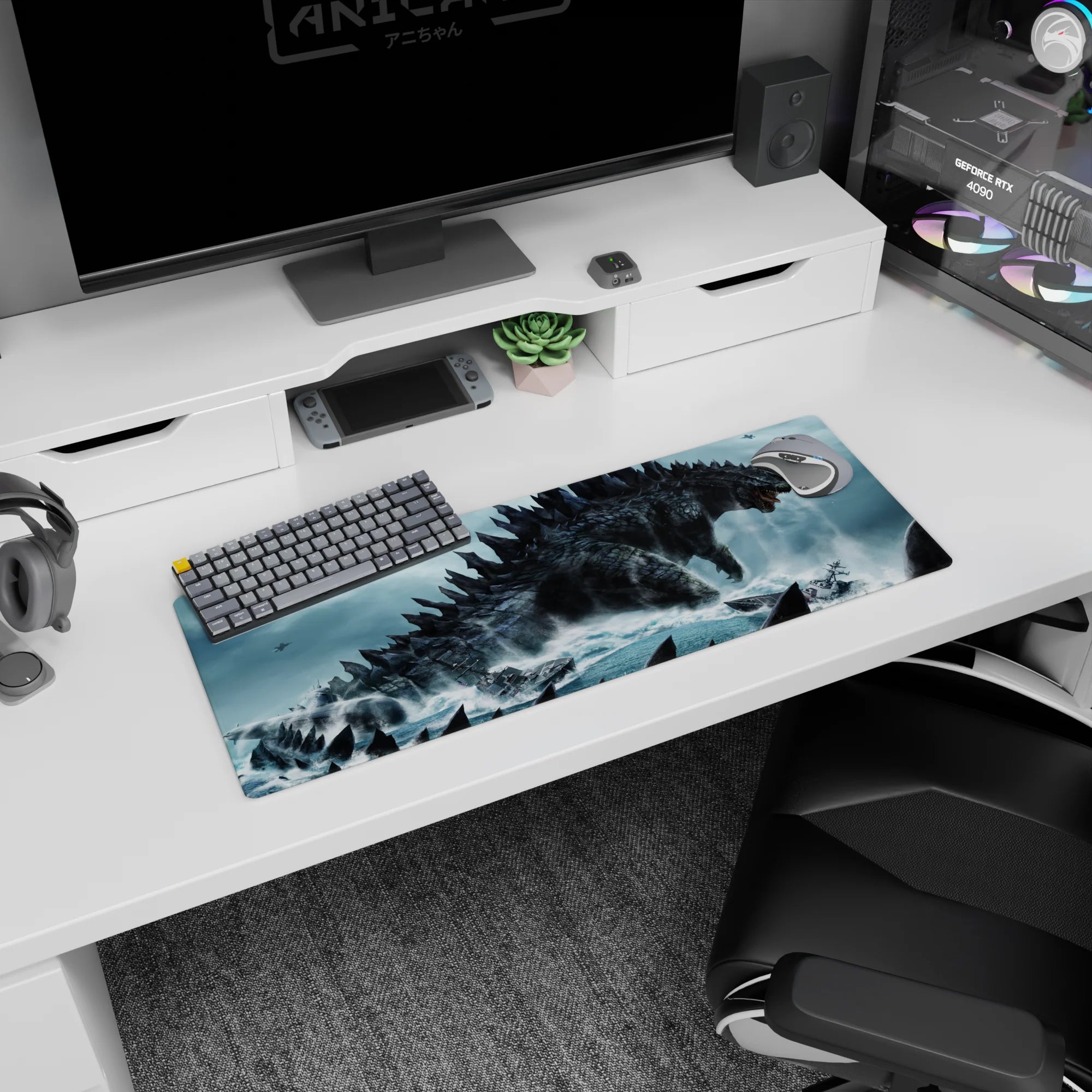 32x12 inches anime mouse pad showing charcoal-scaled titan with jagged spines towering above fleeing ships.