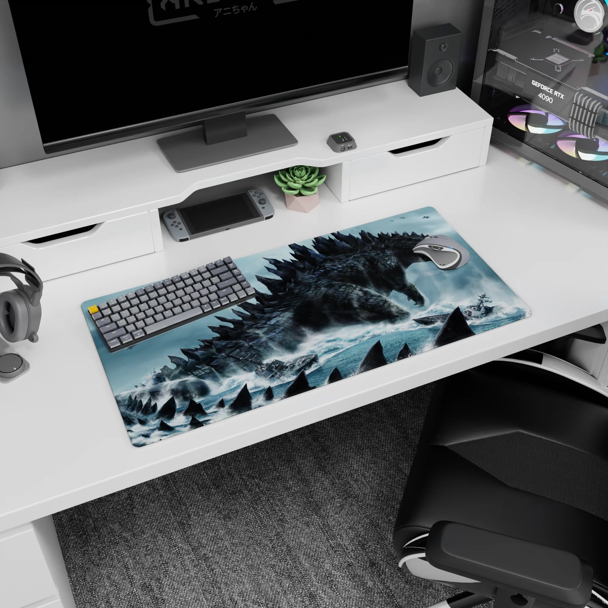 32x16 inches anime mouse pad showing a charcoal-scaled titan with jagged spines towering above ships.