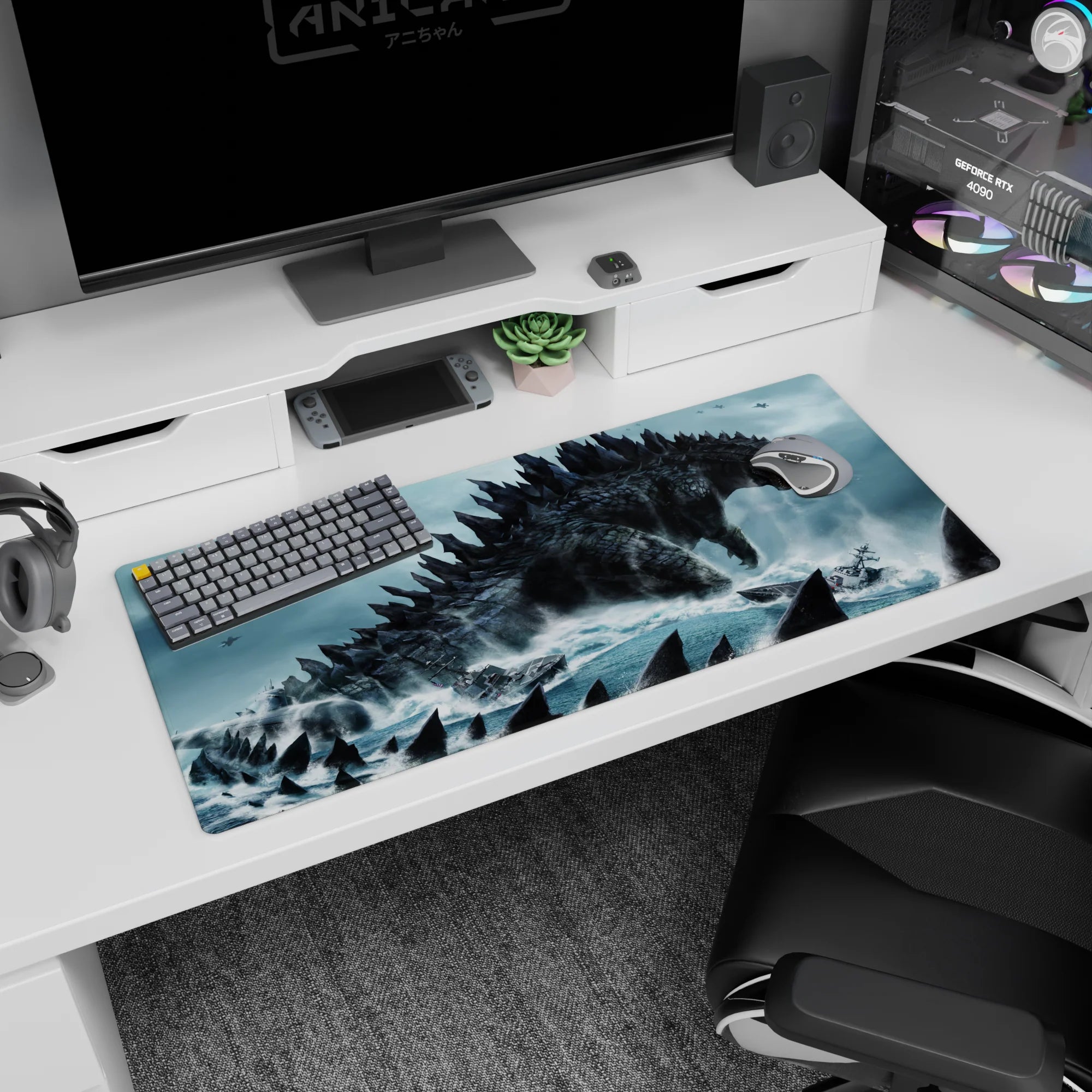 36x16 inches anime desk pad showing a roaring charcoal-scaled sea titan with jagged spines dwarfing fleets.