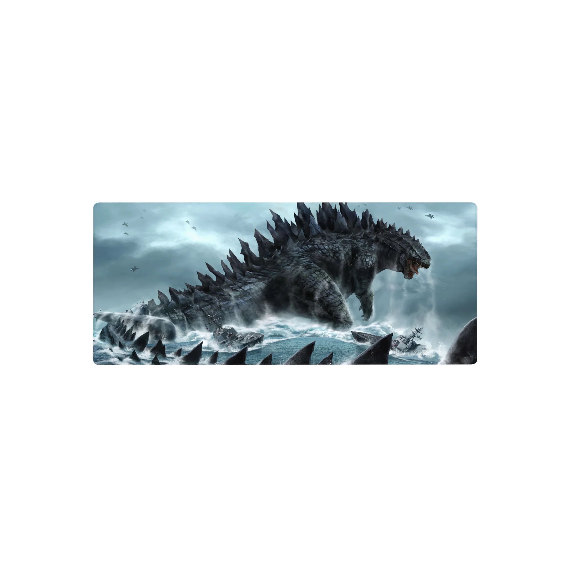 28x12 inches anime mouse pad featuring a sea titan rising over teal waves as jets and warships flee.