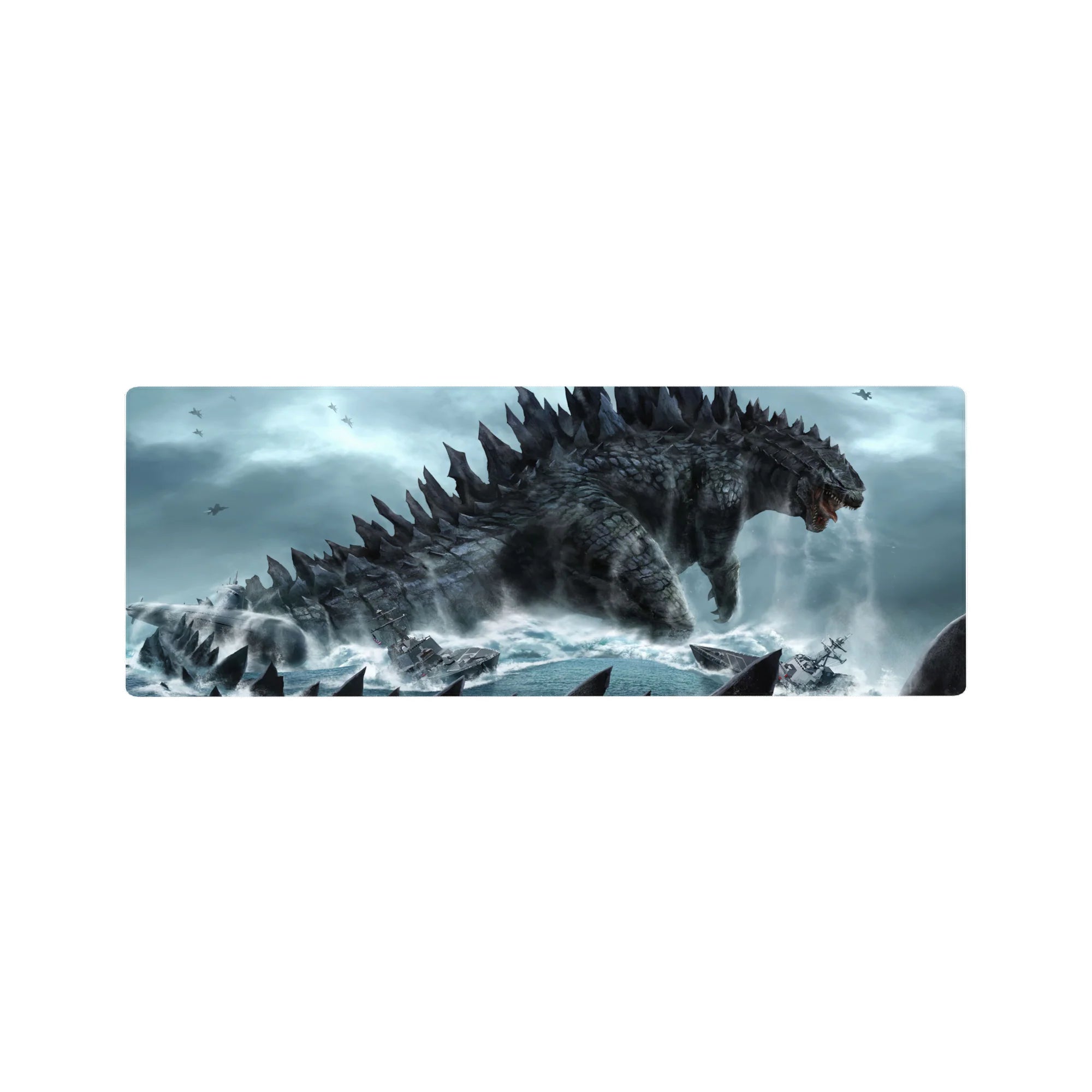 32x12 inches anime mouse pad with sea titan kaiju rising over warships and jets in stormy waves.