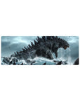 32x12 inches anime mouse pad with sea titan kaiju rising over warships and jets in stormy waves.