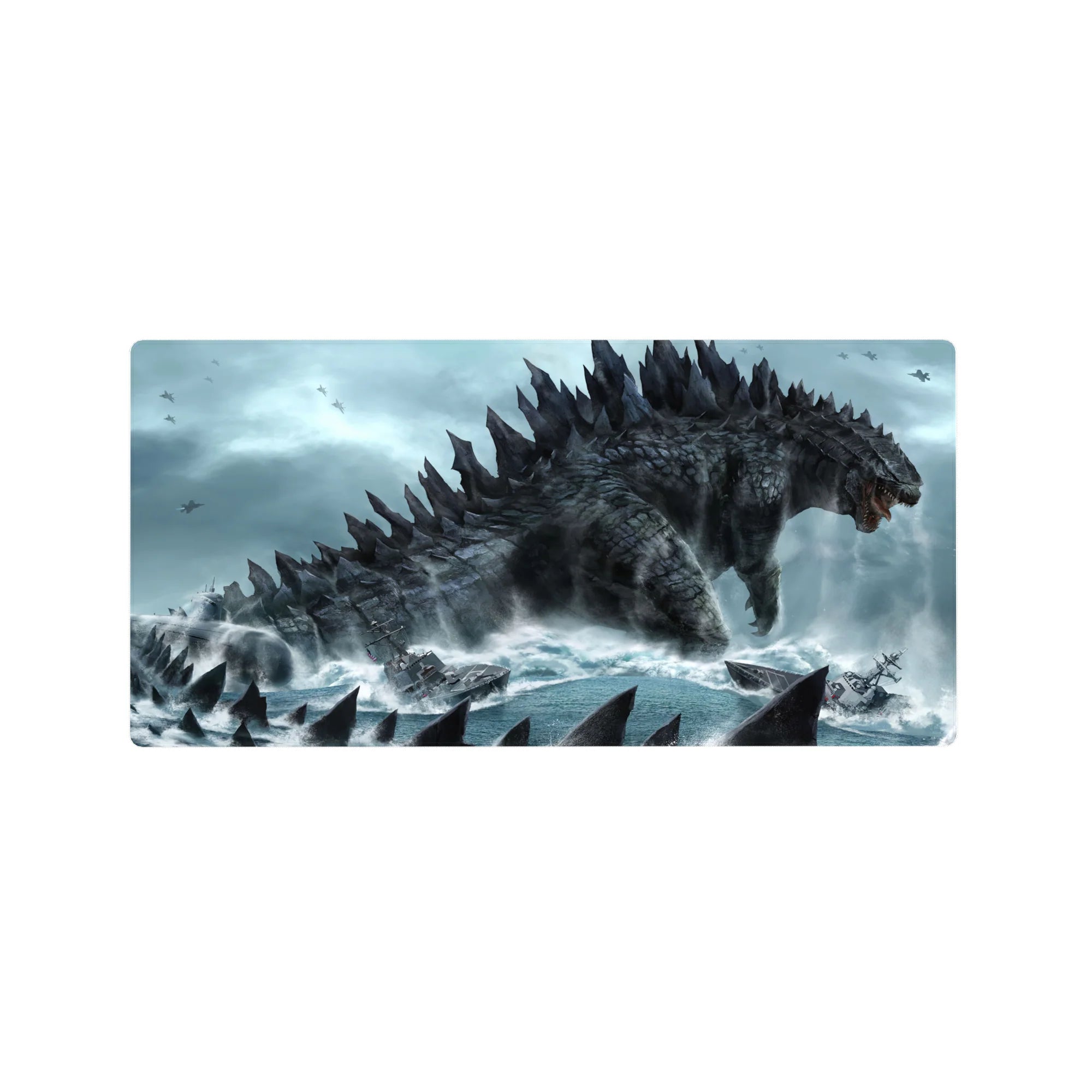 32x16 inches anime mouse pad with sea titan rising over warships and jets in stormy waves.
