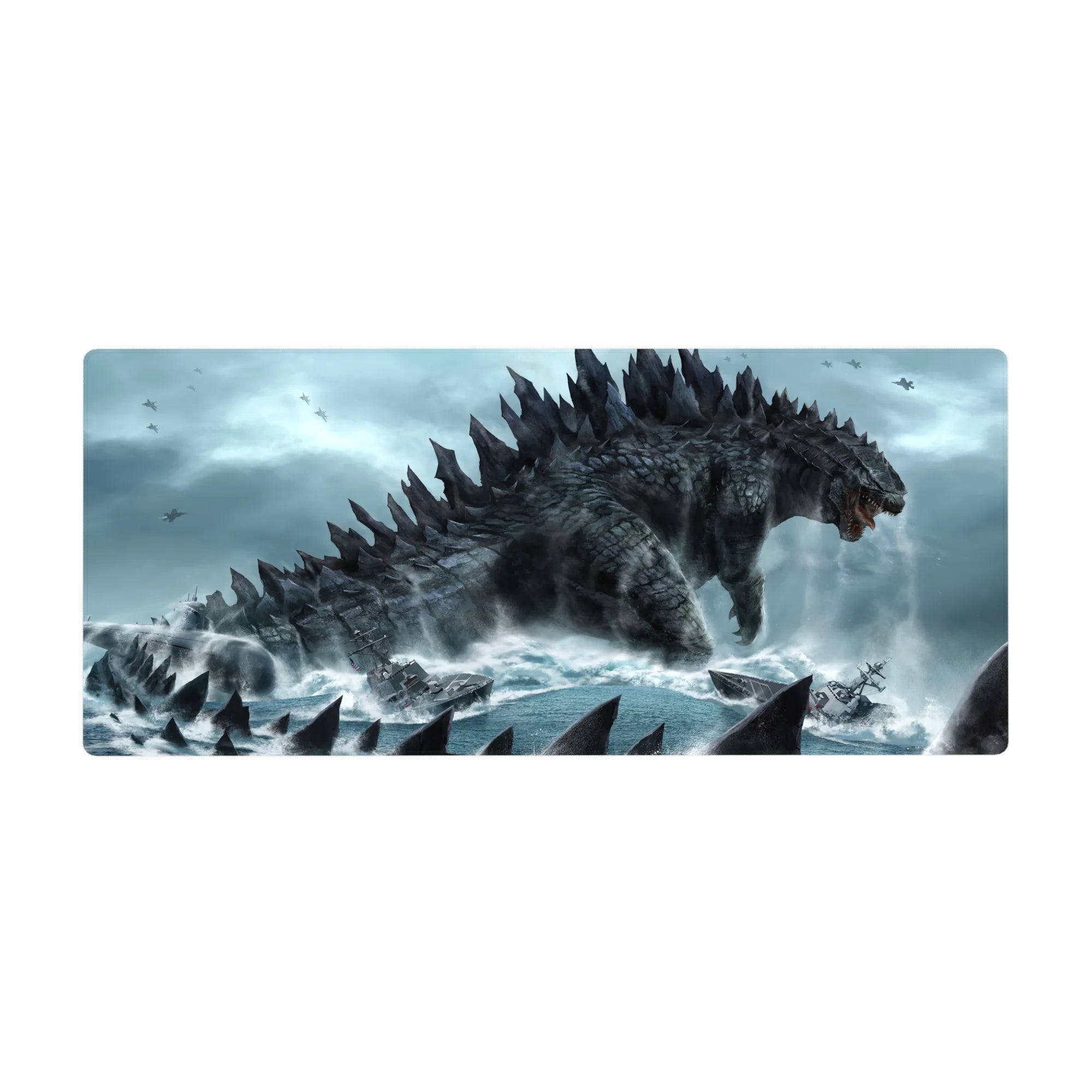 Anime desk pad 36x16 inches with a colossal sea titan rising over warships and jets in stormy waves.