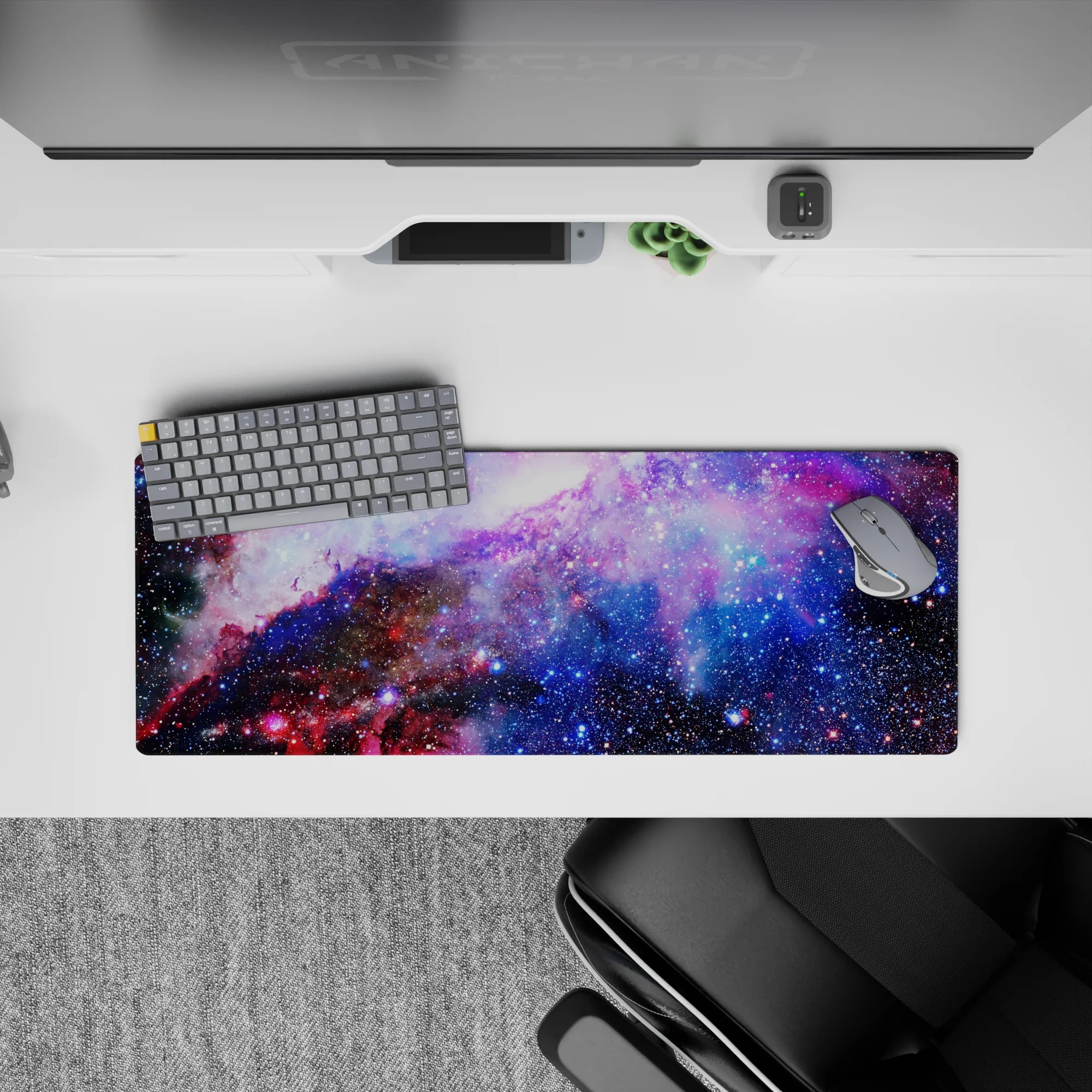 Lavender, ocean blue, and rosy mist 32x12 inches mouse pad with calm dreamy cosmic vibe.