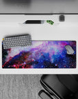 Lavender, ocean blue, and rosy mist 32x12 inches mouse pad with calm dreamy cosmic vibe.