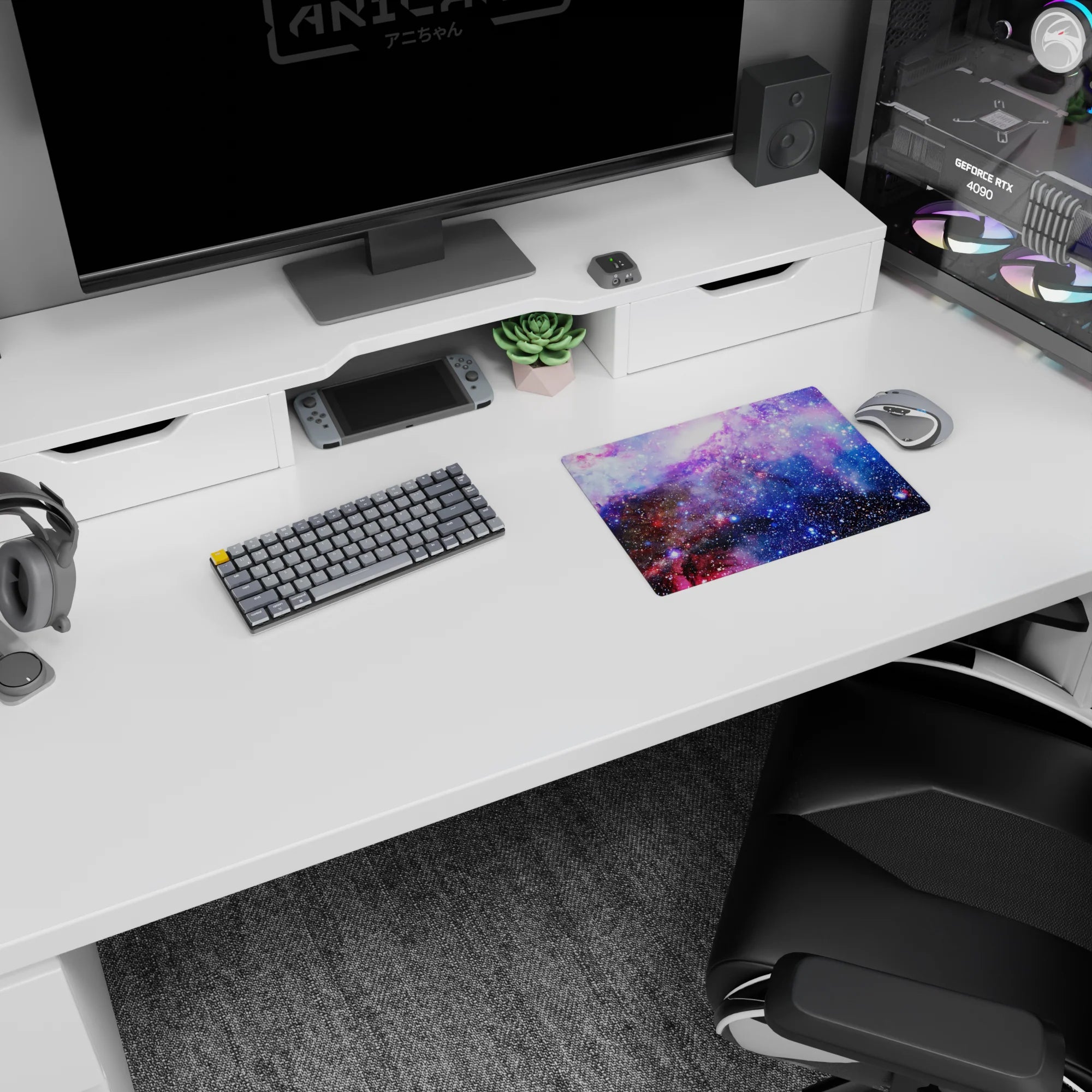 Star-speckled nebula clouds classic mouse pad, 14x10 inches, cosmic desk scene with tiny glitter dots.