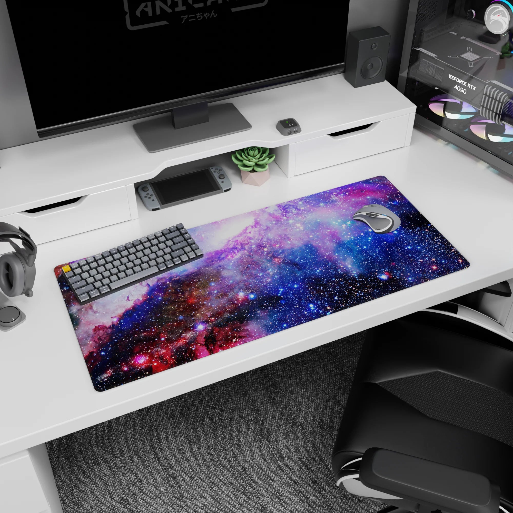 Star-dotted nebula scene desk pad 36x16 inches, dreamy space clouds drifting across the surface.