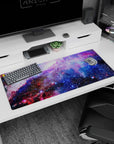 Star-dotted nebula scene desk pad 36x16 inches, dreamy space clouds drifting across the surface.