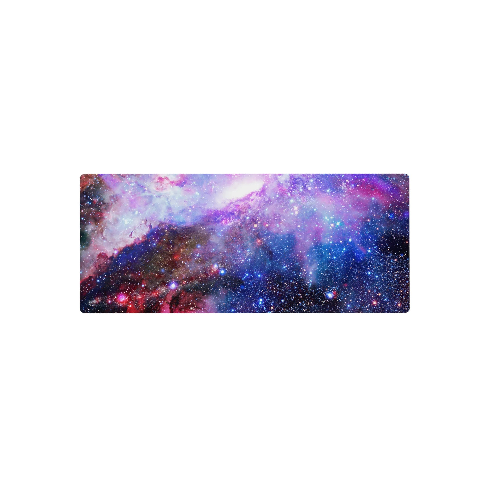 Galaxy swirl desk mouse pad 28x12 inches with star-dotted cosmic pattern and smooth surface.