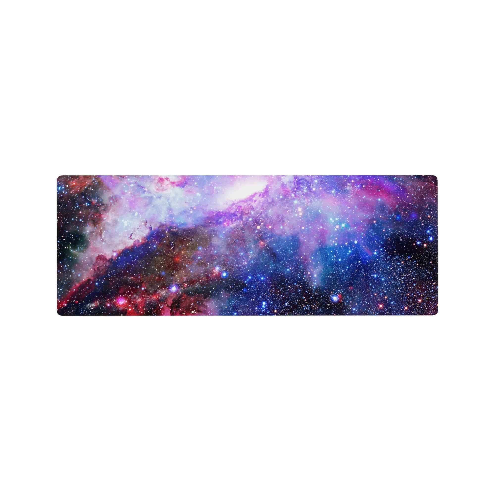 Galaxy swirl desk mouse pad 32x12 inches with glittery star-dots and smooth surface.