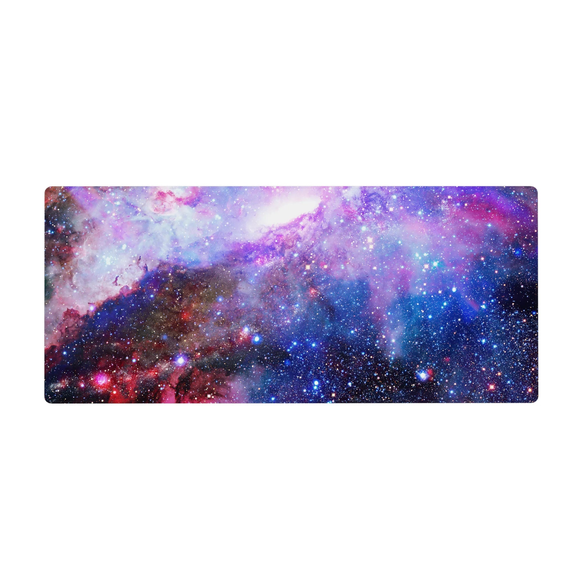 Galaxy swirl desk pad 36x16 inches with star-speckled cosmic pattern for smooth mouse movement.