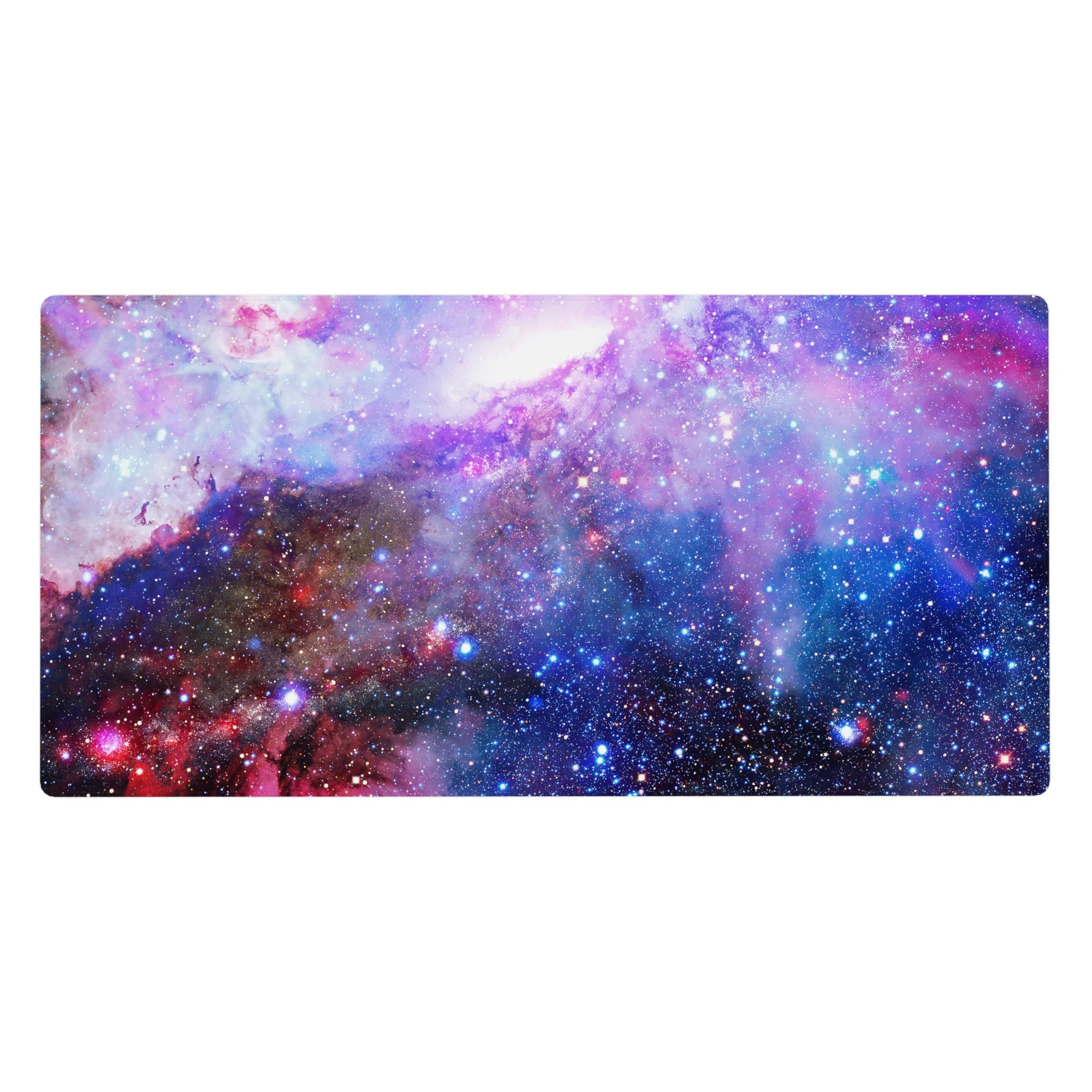 Galaxy swirl desk pad 40x20 inches with star-dotted cosmic pattern for smooth mouse control.